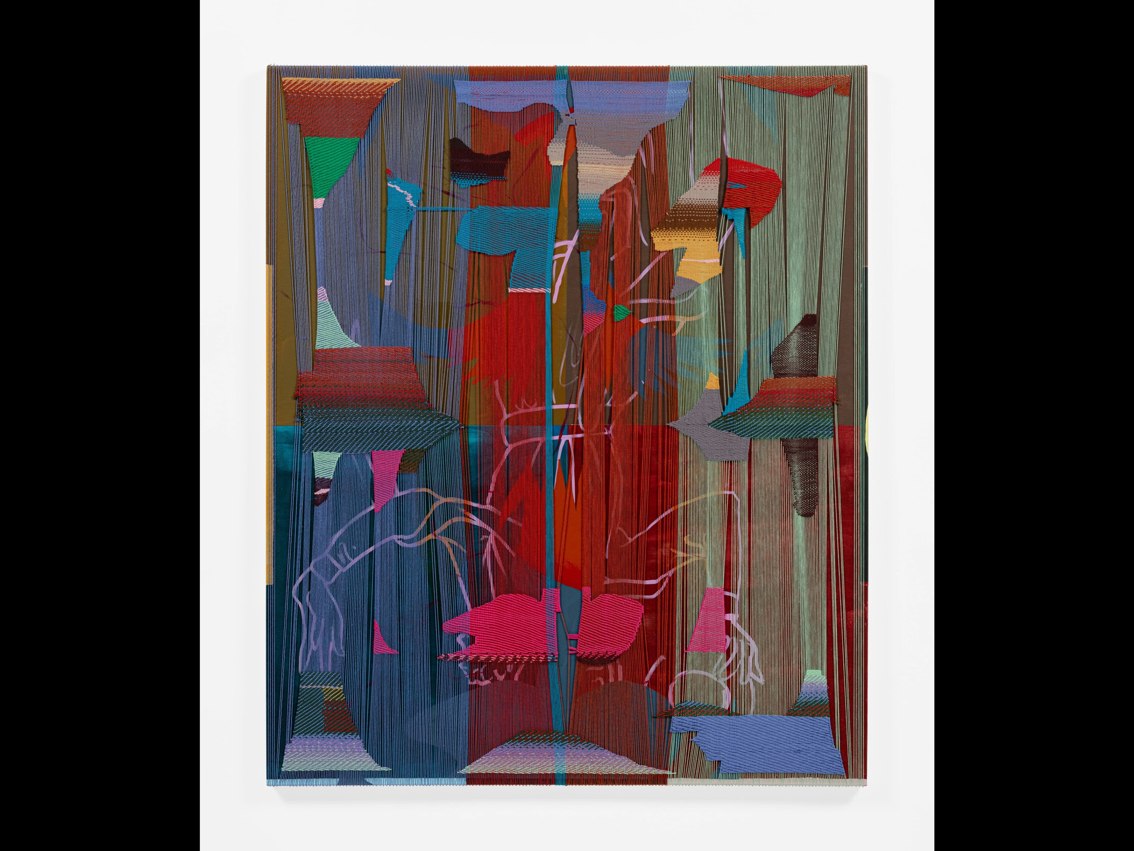 Jen P. Harris Superposition, 2025 Acrylic paint, cotton yarn, canvas, gesso, hardware, wood stretcher bars 54 x 45 inches
