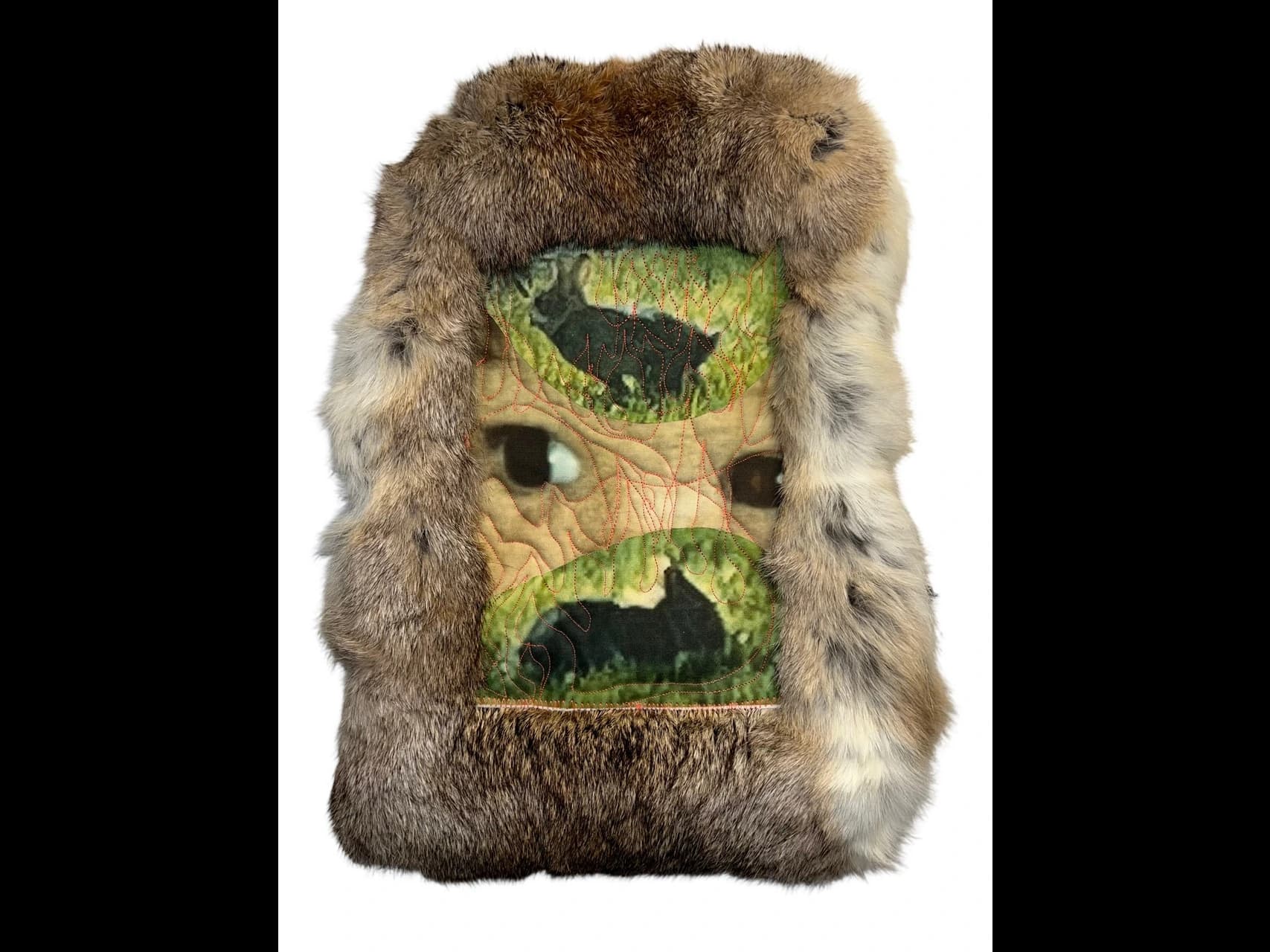 Sara Jean Ruiz, a baby bunny, 2026, quilted collage with inkjet on fabric, found materials, rabbit pelt, 12 x 8 x 1", $300