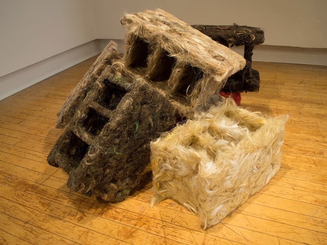 Bradley Weyandt, hair block pile, 2020, Synthetic hair, epoxy resin, 24 x 36 x 36", $1000
