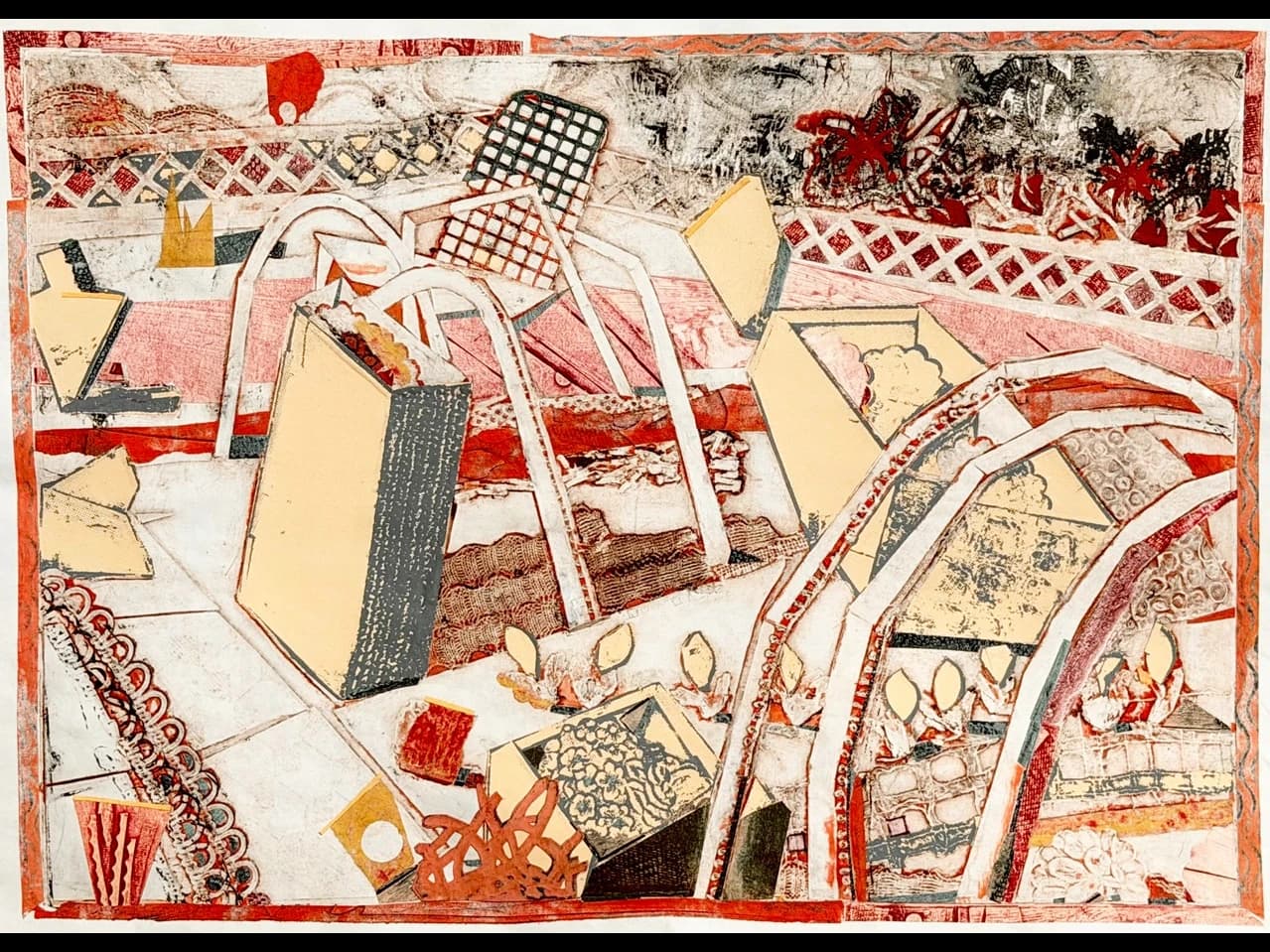 Catherine Drabkin, Heated Garden, 2026, Ink, paint, repurposed collagraph, collage, paper, 13 x 19", $1800