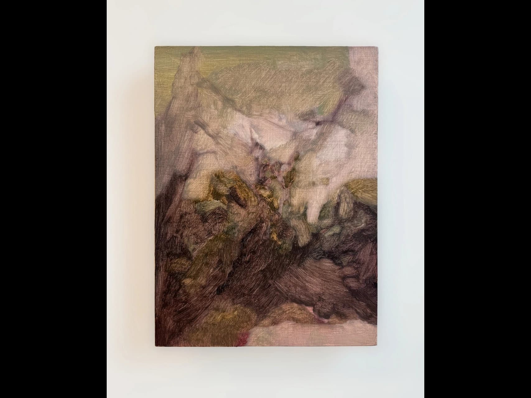 Maggie Bjorklund, Landscaping Company Building Through Woods, 2024, Oil on panel, 12 x 9", $500