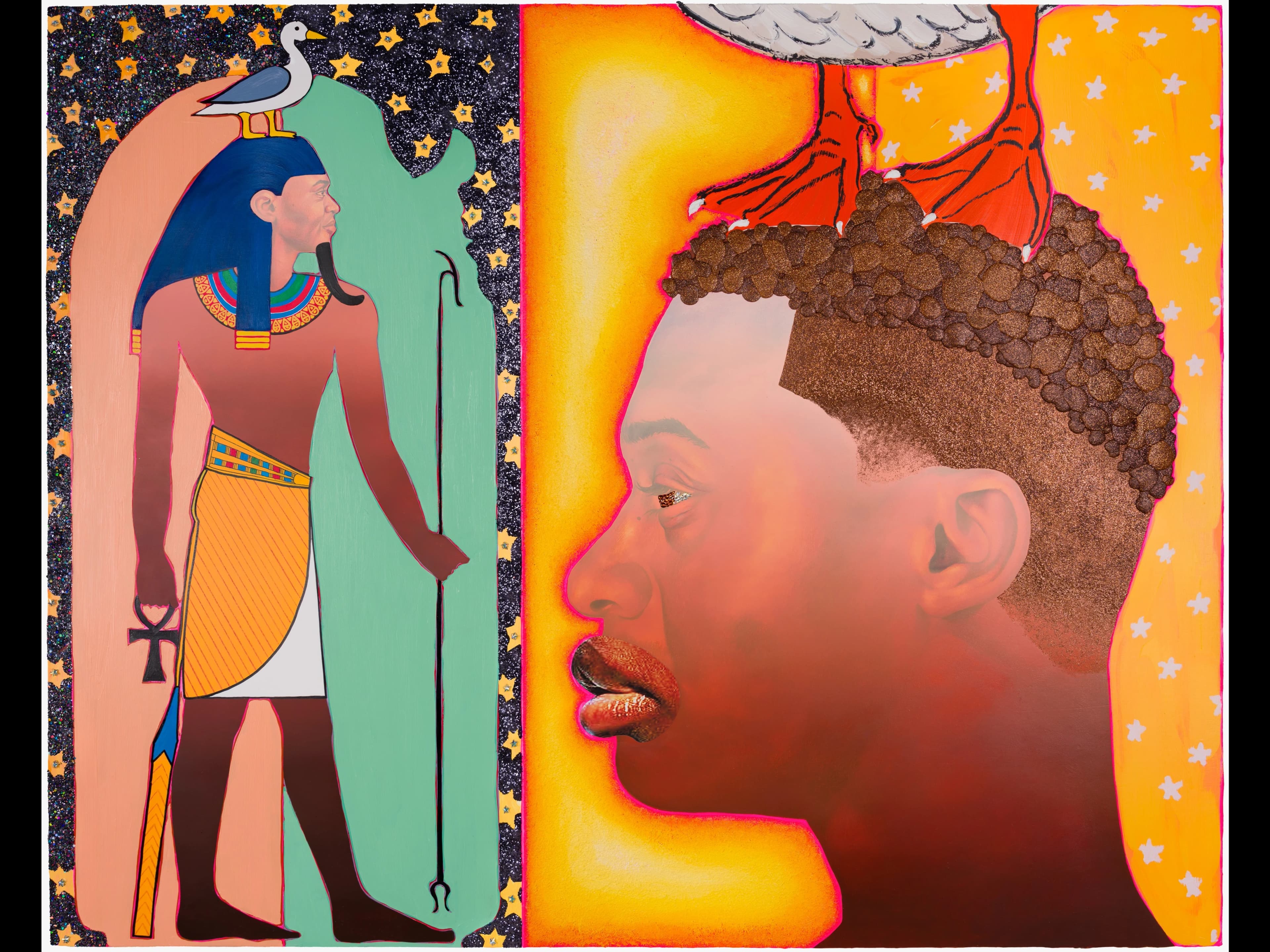 "Geb" by Devan Shimoyama. Oil, colored pencil, glitter, collage, Swarovski crystals, acrylic and Flashe on canvas stretched over panel. 48 H x 60 W in., 2025.