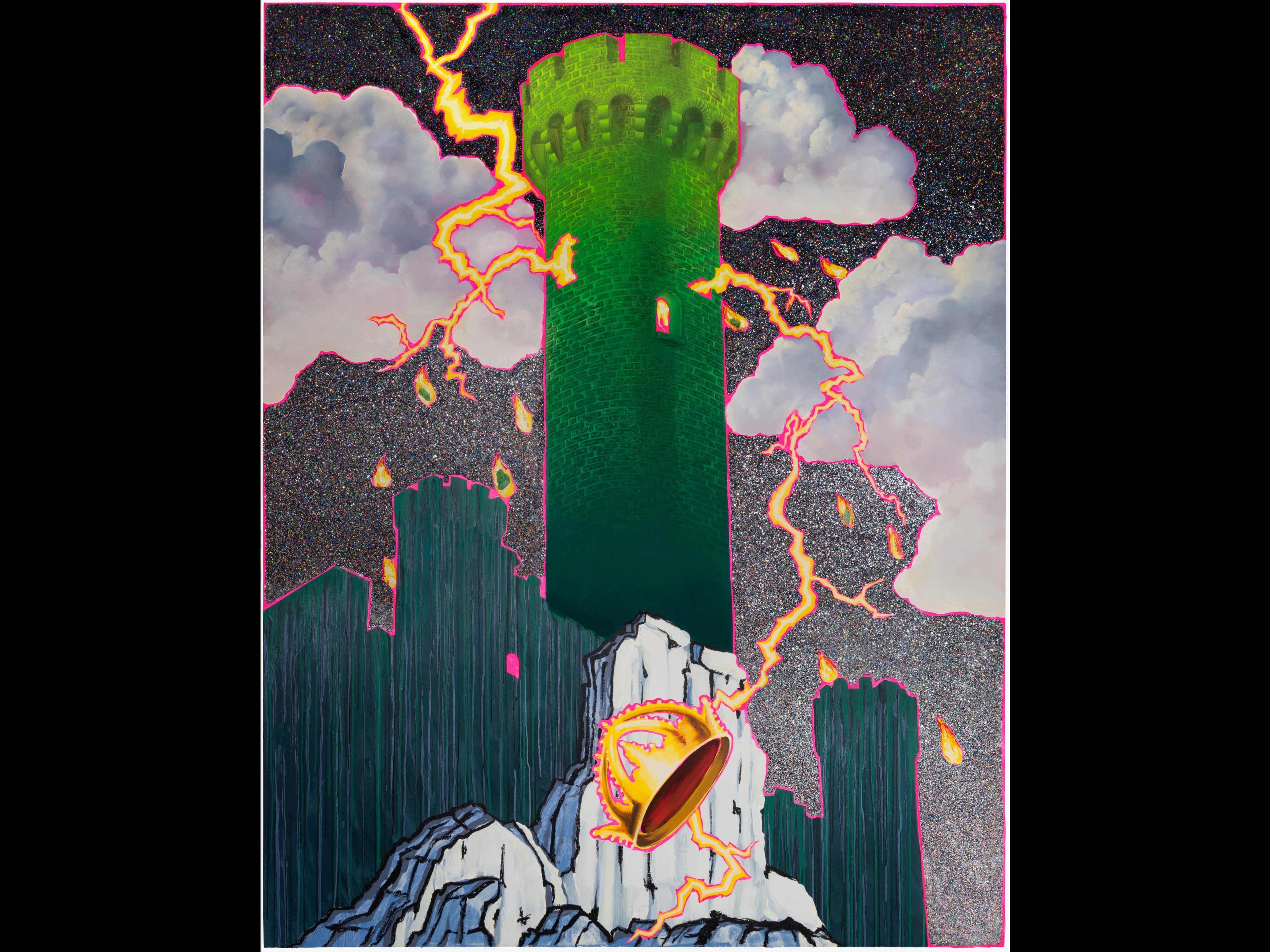 La Maison Dieu (The Tower)" by Devan Shimoyama. Oil, colored pencil, Flashe and glitter on canvas. 84 H x 68 W in., 2025.