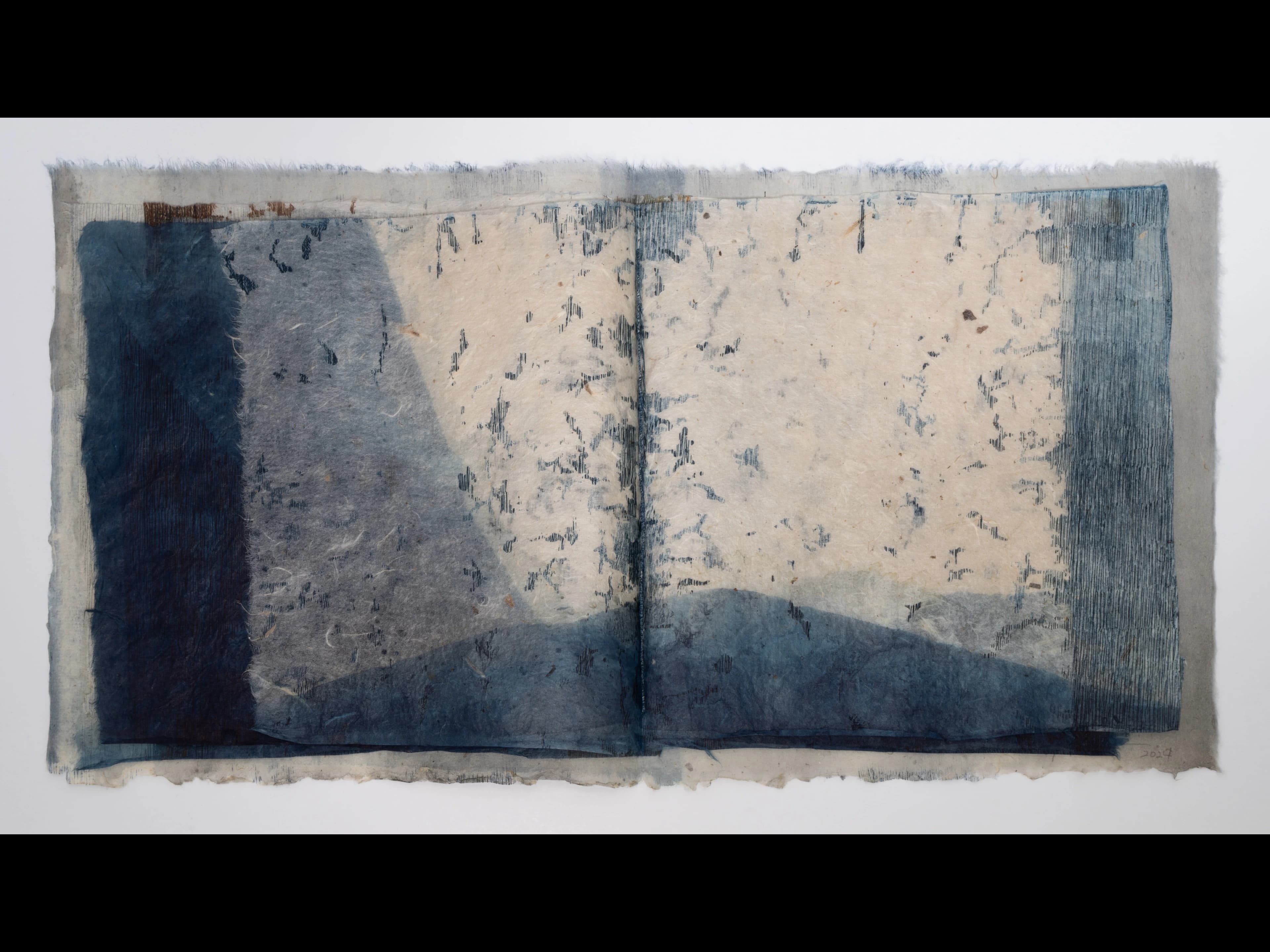Yuko Kimura, Indigo Mountain, 2024, Indigo dye, etching on kozo handmade paper, thread (etching printed on twisted paper)
