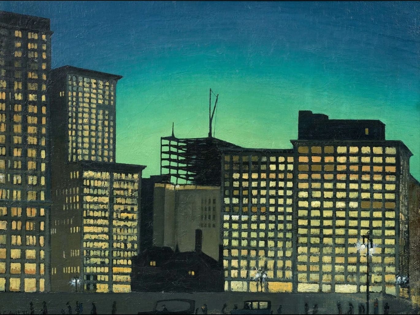 George Ault, A New York Skyline, 1921. Oil on canvas. J. Jeffrey and Ann Marie Fox Art Foundation for American Art. Collection of J. Jeffrey and Ann Marie Fox