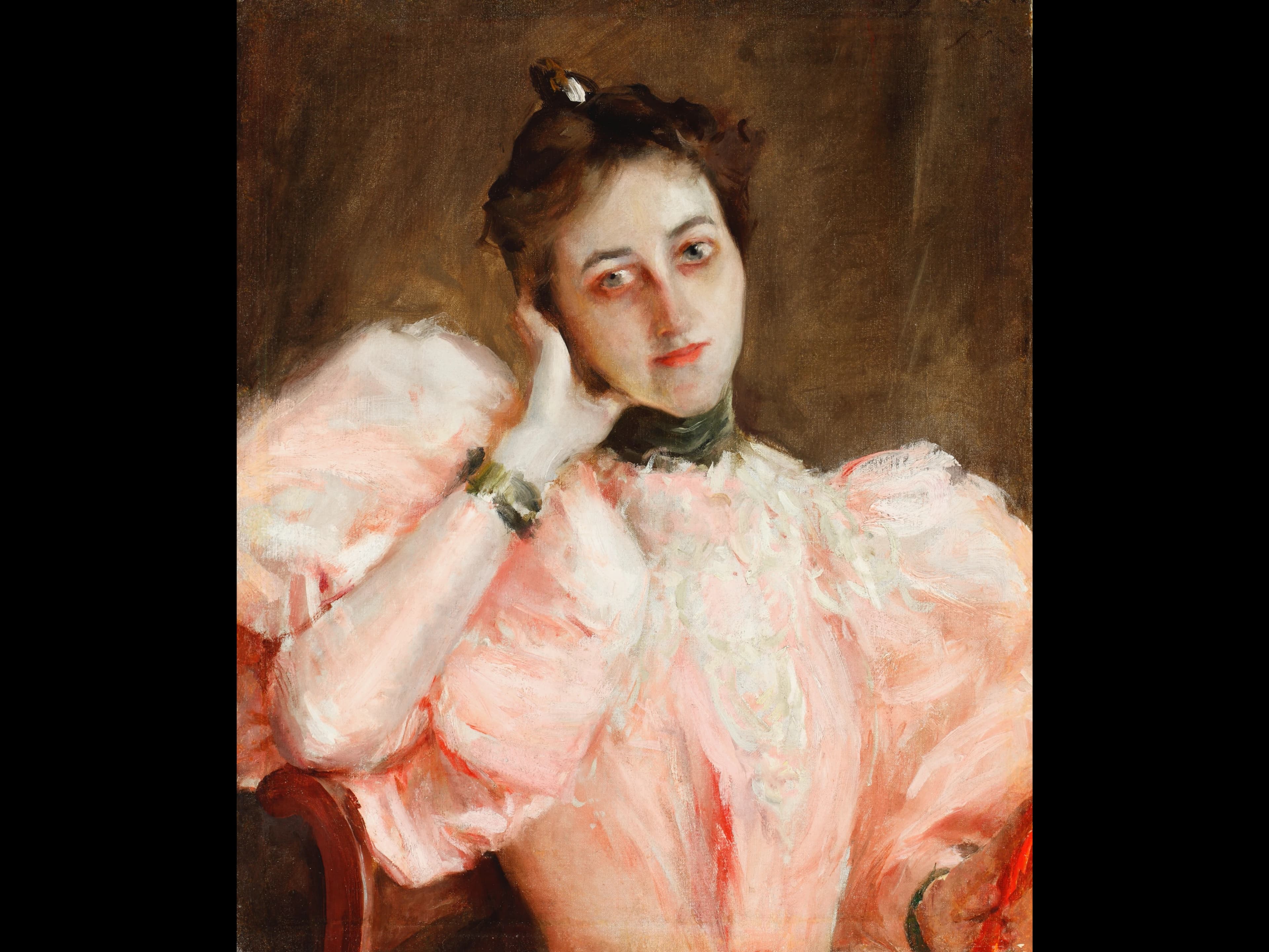 William Merritt Chase, Lady in Pink, around 1892. Oil on canvas. Gift in Memory of G. Albert Shoemaker by his wife, Mercedes, 1995