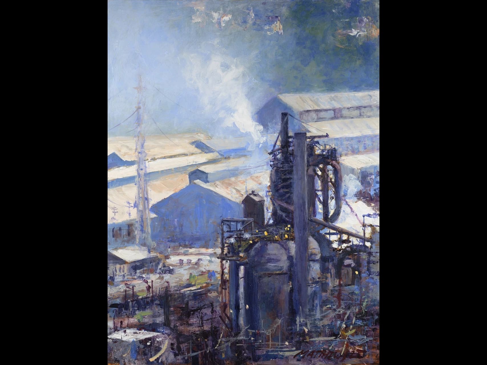 Ben Matthews, Edgar Thomson Plant from Outlook Drive, West Mifflin, 2025. Acrylic on panel