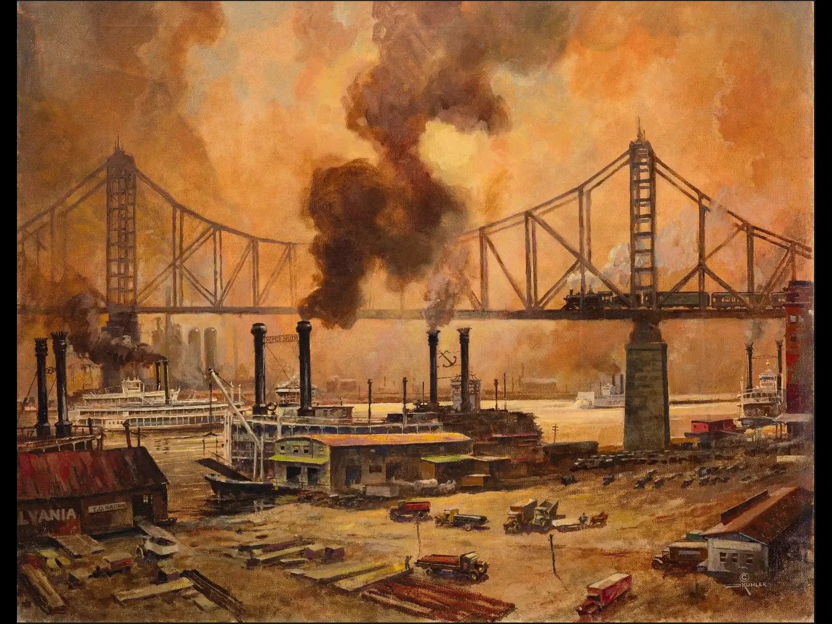 Otto August Kuhler, Waterstreet Wharf, Pittsburgh, 1923. Oil on canvas. Collection of Bruce and Sheryl K. Wolf, Pittsburgh, Pennsylvania