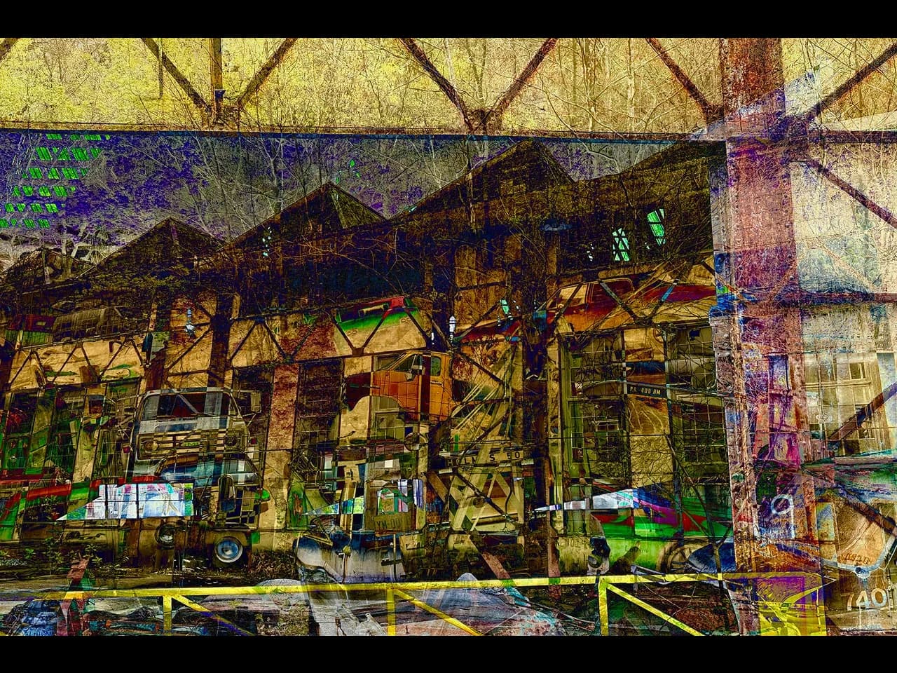 James Tobin, Chromatic Ruin – Machine Dreams, 2025. Digital photography collage on metal