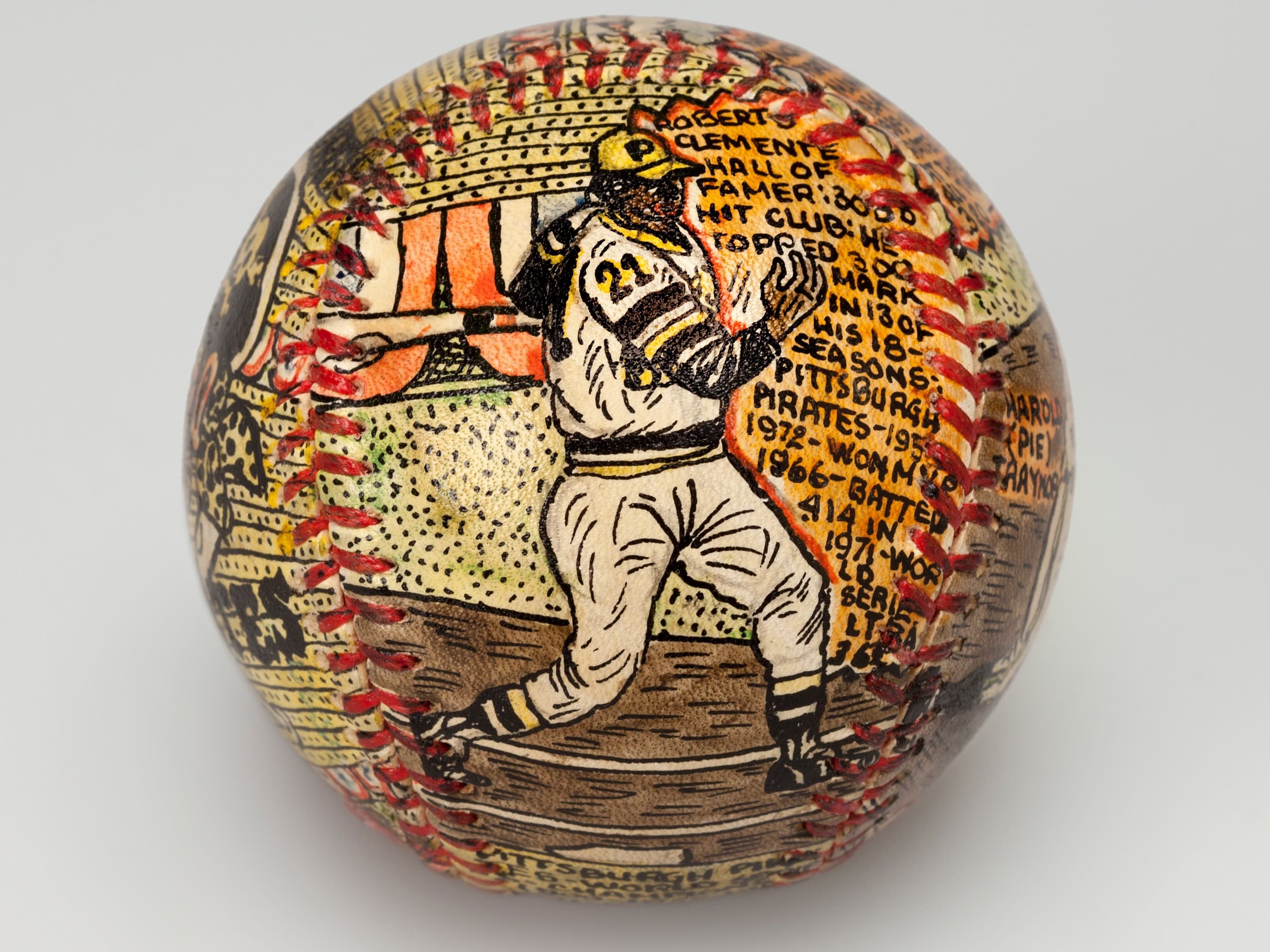 George Sosnak, Pittsburgh Pirates, 1978, featuring Harold “Pie” Traynor, Bill Mazeroski, and Roberto Clemente, 1978. India ink on manufactured baseball. Courtesy of a private collector, supported by T