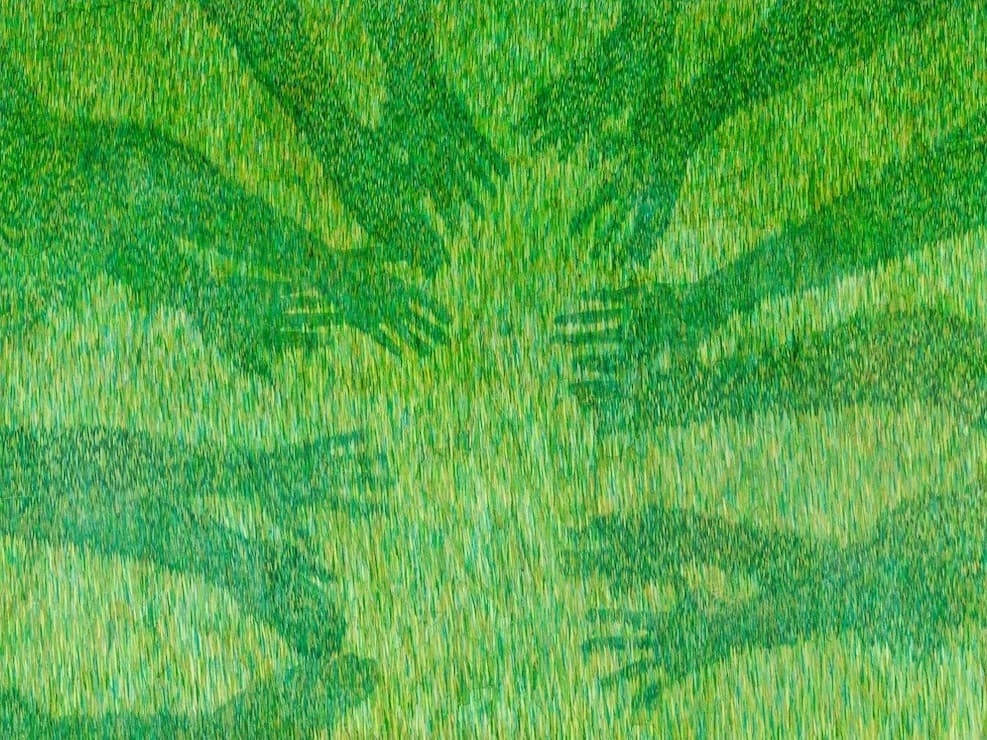 Mara Baldwin, Trust Fall (detail), 2025. Watercolor, ink, and colored pencil on paper, 62 x 42 inches. Courtesy of the artist. Photo: Alon Koppel Photography.