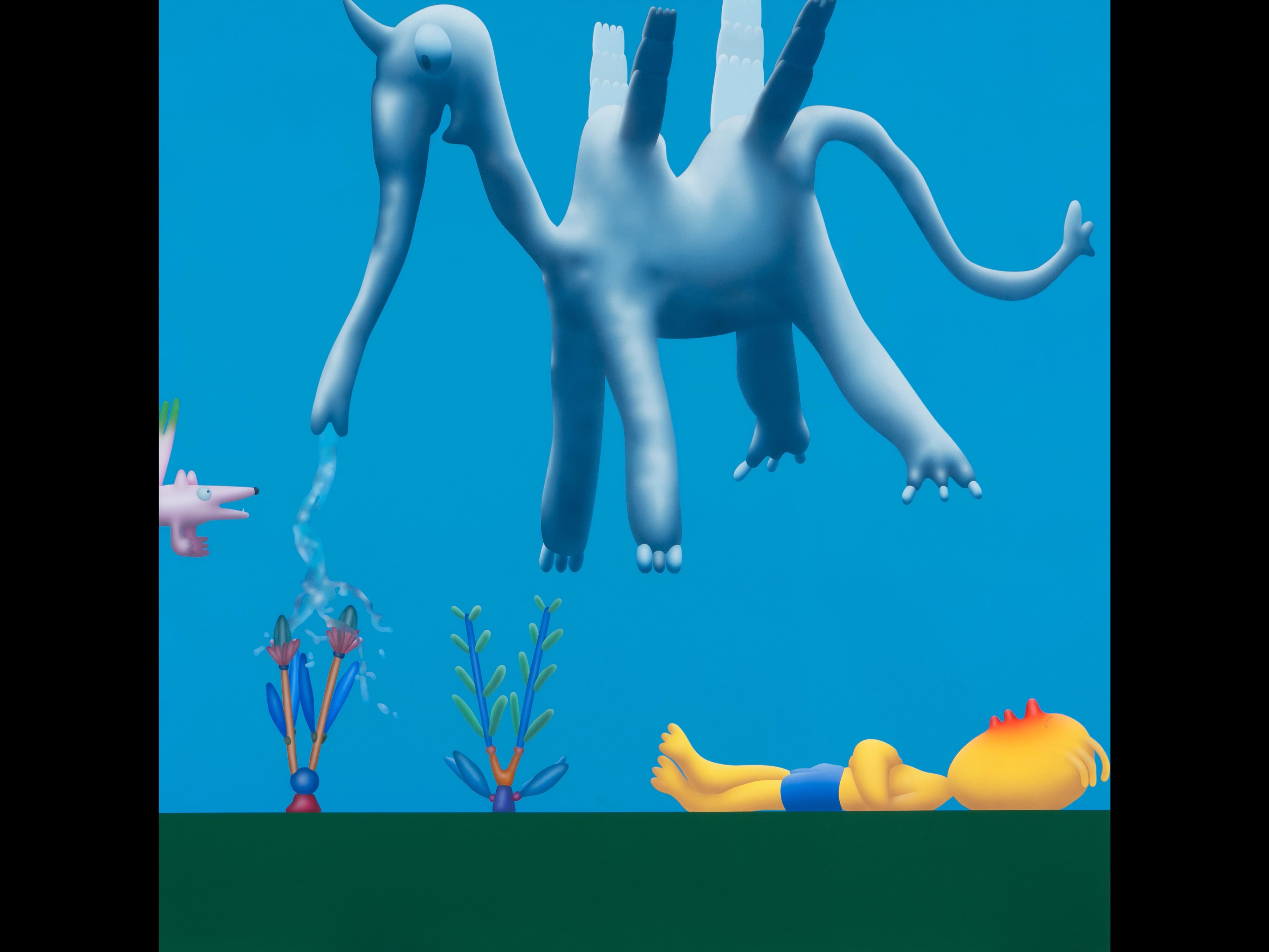 Piri the Dreamer and Flying Coyote in the Garden (in Good Company) #67, flashe on canvas, 59 ¼ x 59 ¼ inches