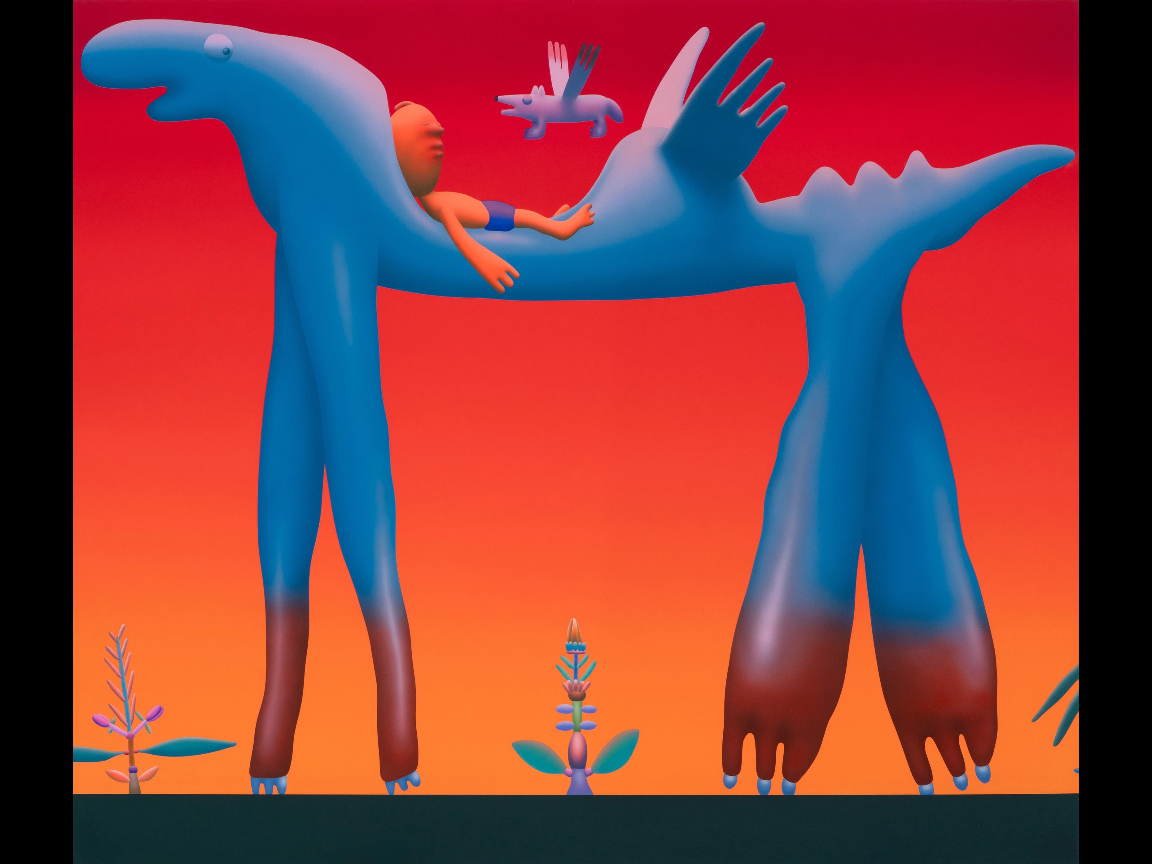 Piri the Dreamer and Flying Coyote in the Garden (in Good Company) #66, flashe on canvas, 71 x 82 ¾ inches